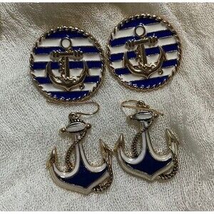 Set of Two Anchor Themed Earrings, Gold Tone with Blue and White